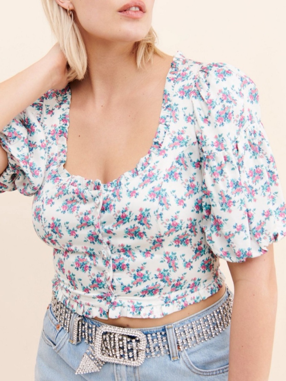 For Love & Lemons Taggart Blouse Top Puff Sleeve Floral Blooms‎ Size Large NWT